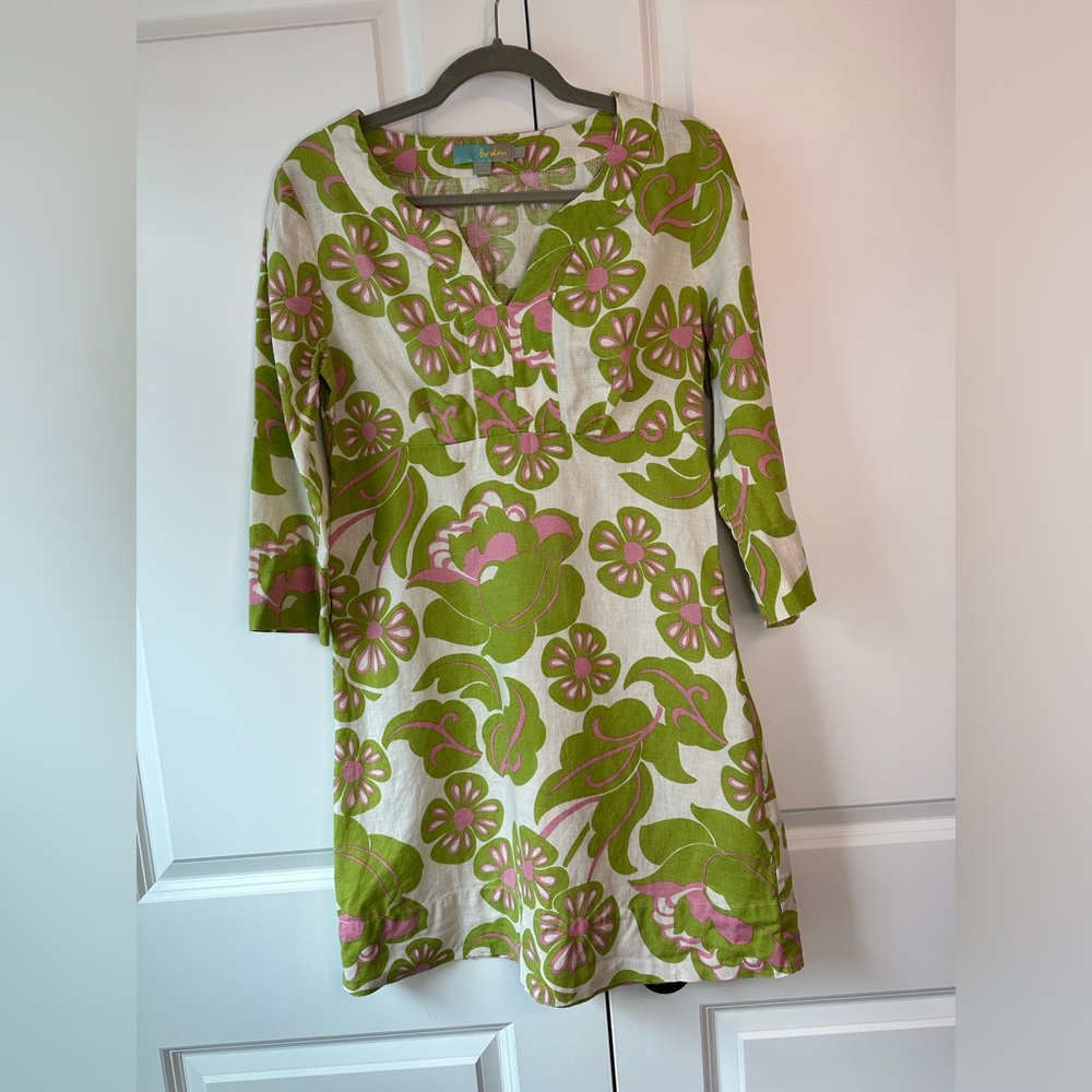 Boden Long Sleeve Dress with Green and Pink Floral Design